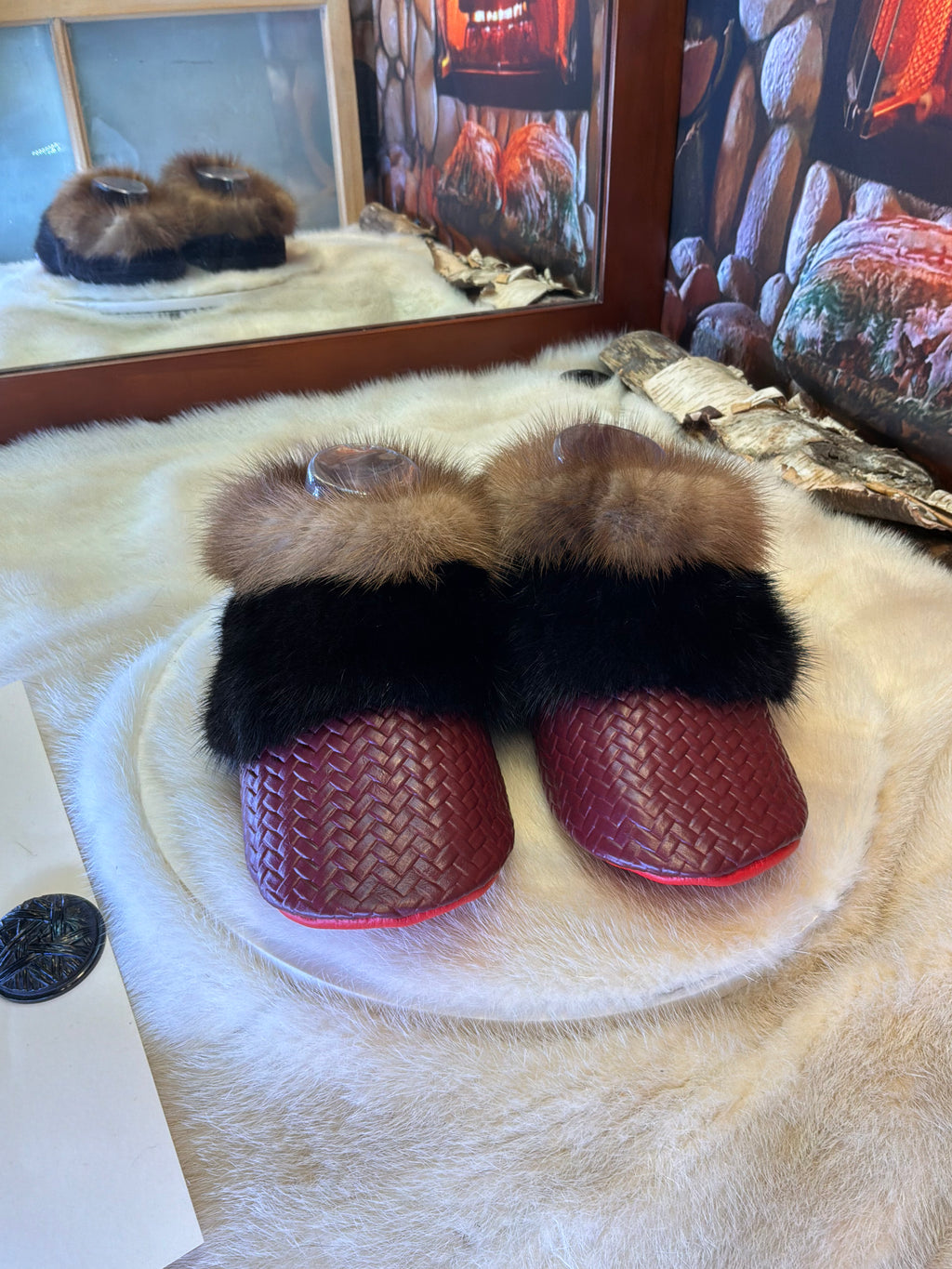 Slipper Diane pointure 7 femme – Sherling italien & cuir recyclé, pièce unique faite à la main au Québec