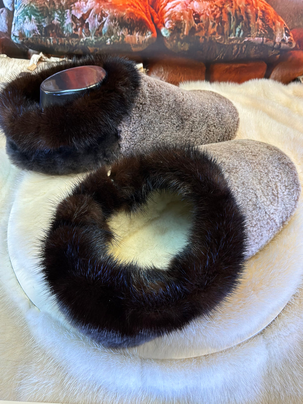 Slipper Denise pointure 9 femme – Sherling italien & cuir recyclé, pièce unique faite à la main au Québec