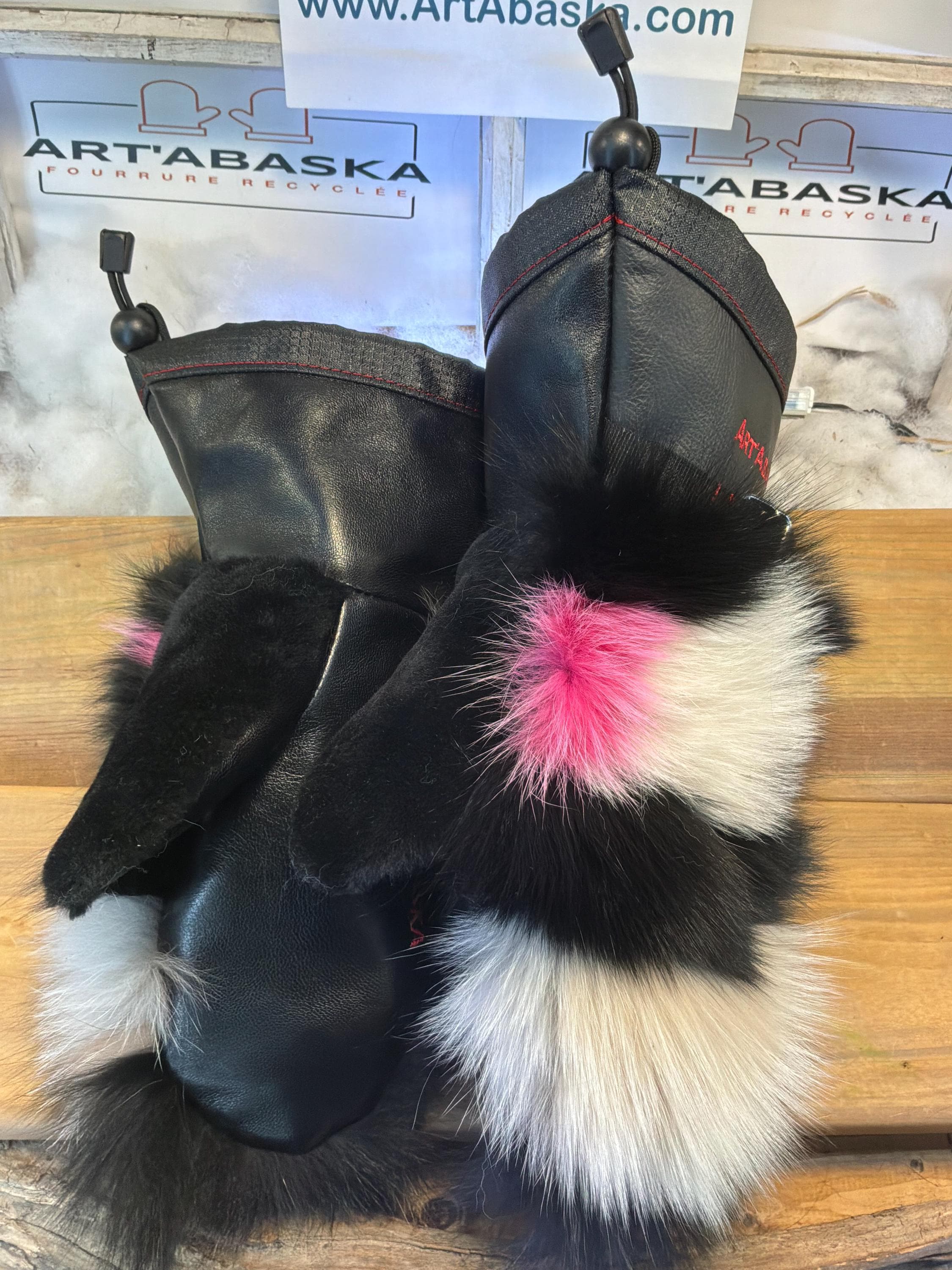 Mitaines Edith small patchwork fourrure recyclée cuir italien faites à la main Québec pièce unique