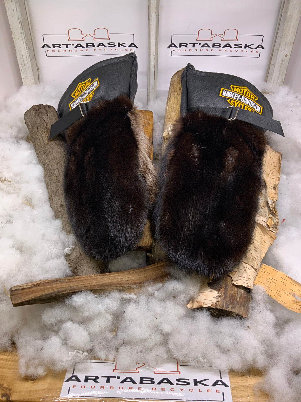 Mitaines Carole XL Harley Davidson cuir recycle vison brun raton laveur poche fonctionnelle fait a la main Quebec