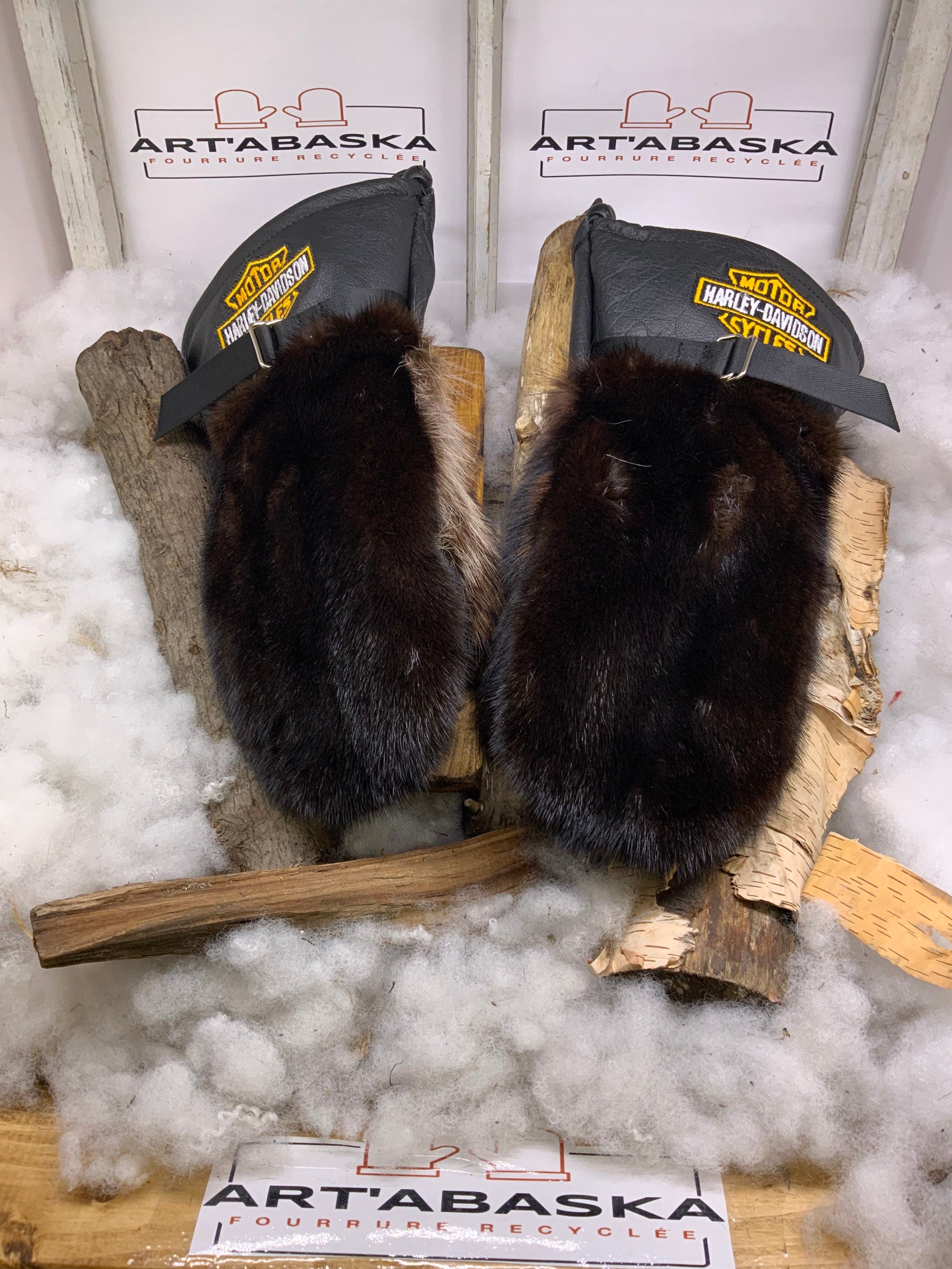 Mitaines Carole XL Harley Davidson cuir recycle vison brun raton laveur poche fonctionnelle fait a la main Quebec