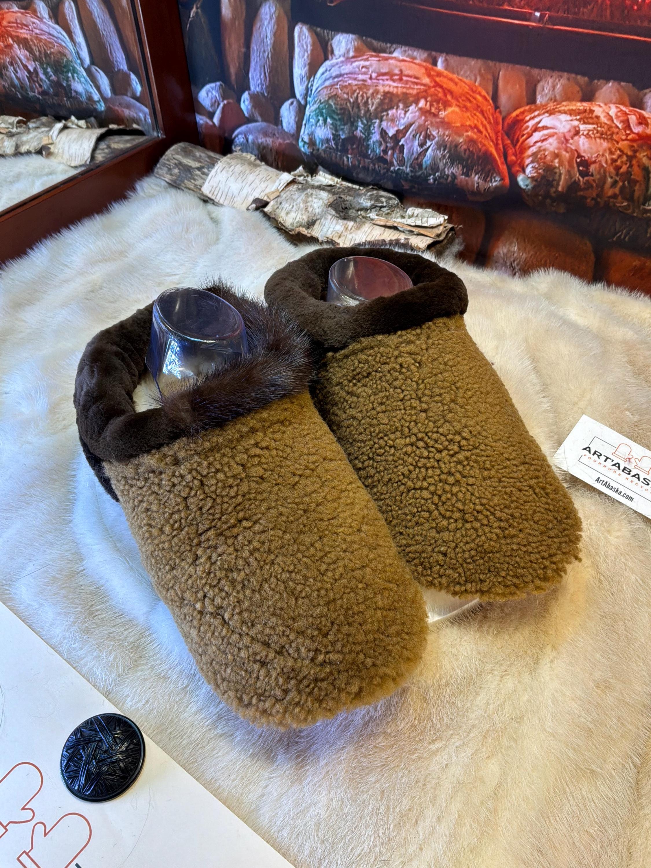 Slipper Gaétane pointure 10 femme – Sherling italien & cuir recyclé, pièce unique faite à la main au Québec