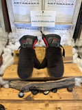 Mitaines Solange Medium mouton rasé brun recyclé, cuir italien noir & rouge pompier, pièce unique faite à la main au Québec