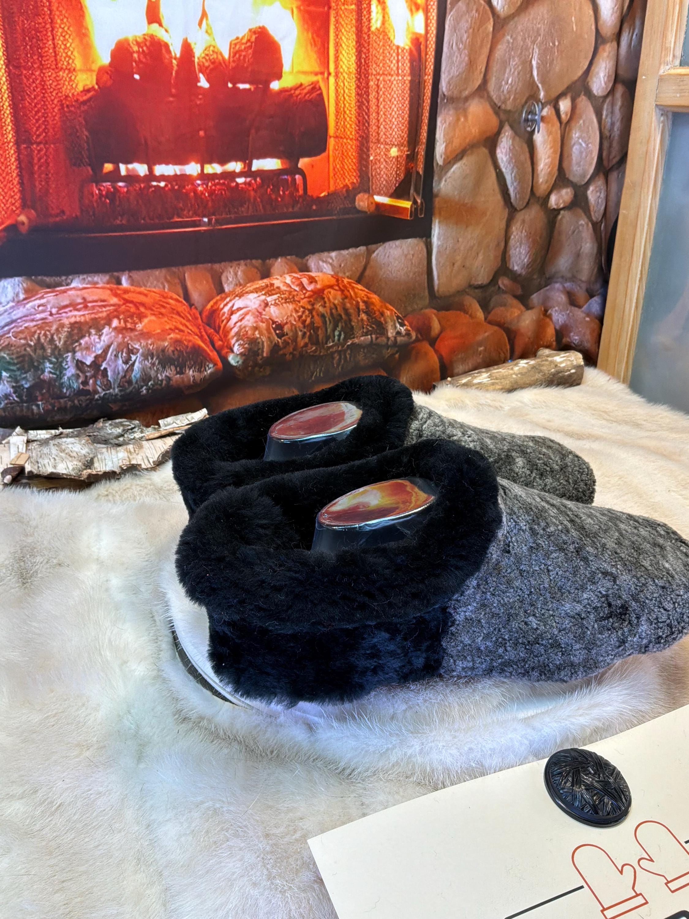 Slipper Odile pointure 9 Homme - 11 femme Sherling italien & cuir recyclé, pièce unique faite à la main au Québec