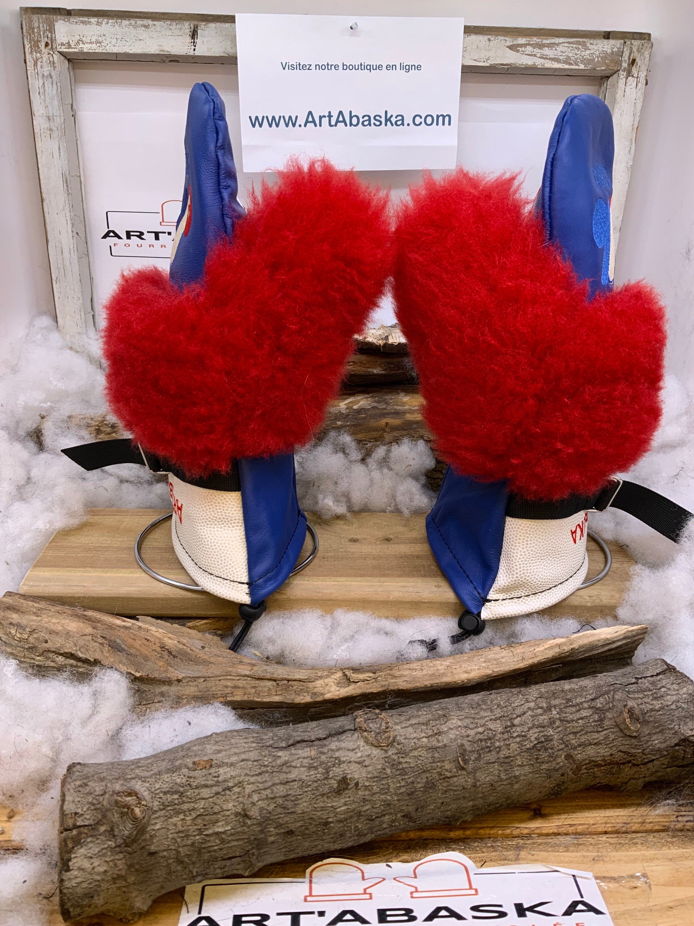 Mitaines Alice Expos de Montréal cuir bleu blanc brodé fourrure mouton recyclé fait à la main Large Québec baseball nostalgie