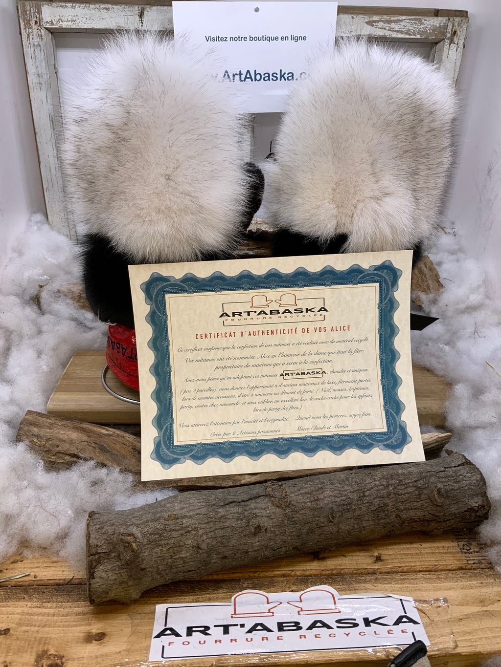 Mitaines Alice Medium - Édition spéciale patchwork, fourrures recyclées renard et vison noir, cuir noir brun rouge, fait à la main Québec