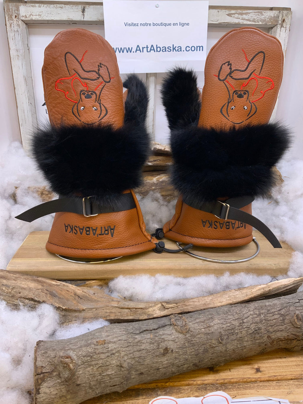 Mitaines Aline Large renard noir patchwork vison noir cuir orange brulé édition amour de chiens ArtAbaska fait main Québec
