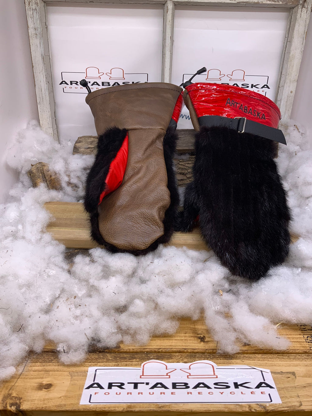 Mitaines XL Mauricette – Vison brun & cuir recyclé rouge antique, intérieur amovible feutre polar, fait à la main, Québec