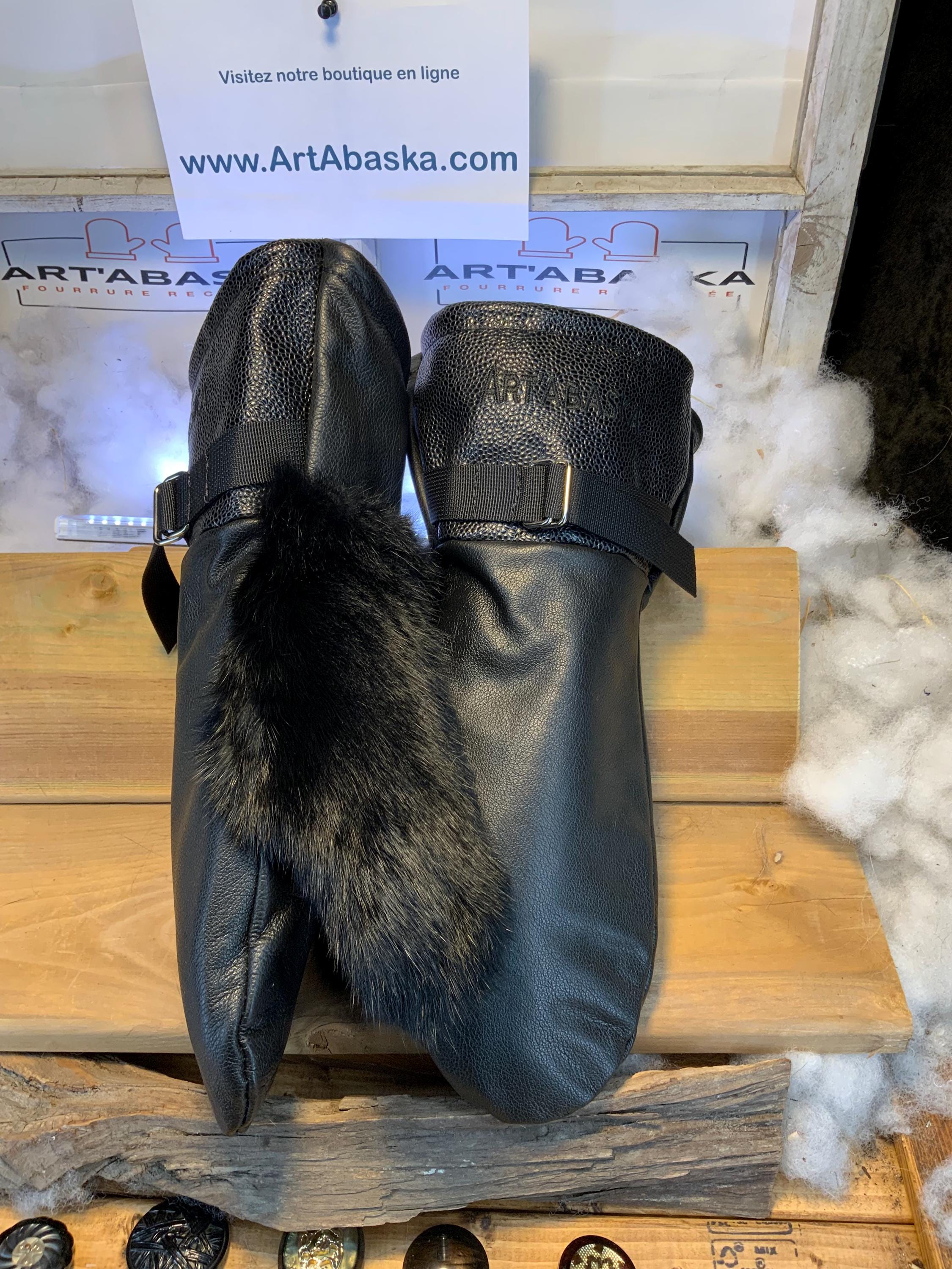Mitaines Pierrettes XL cuir italien noir & lapin recyclé noir relief peau de serpent fait a la main Quebec