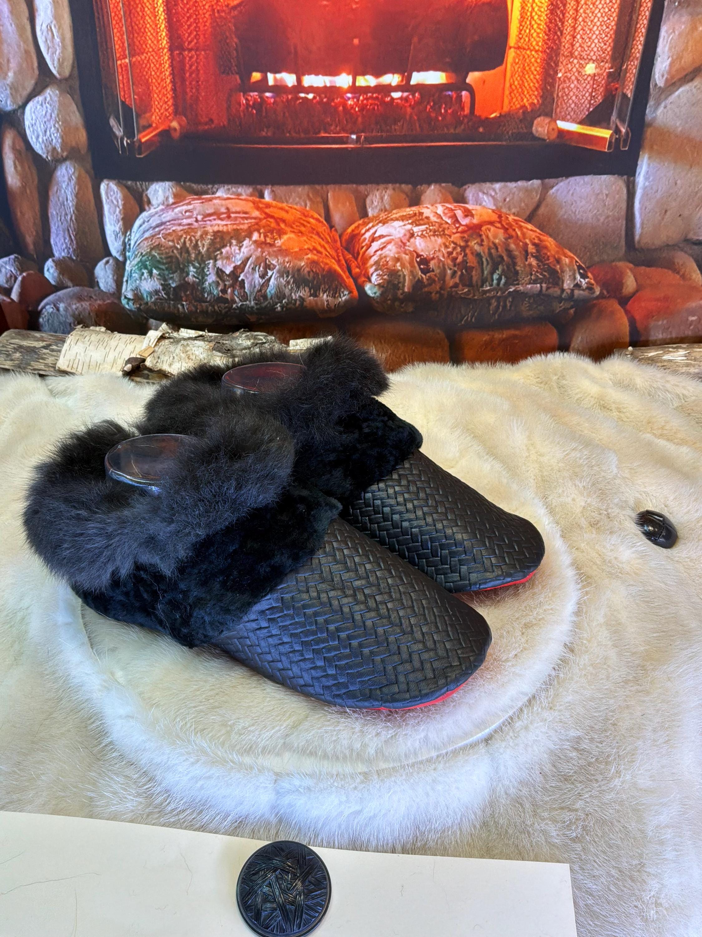 Slipper Ophélia pointure 8 femme – Sherling italien & cuir recyclé, pièce unique faite à la main au Québec