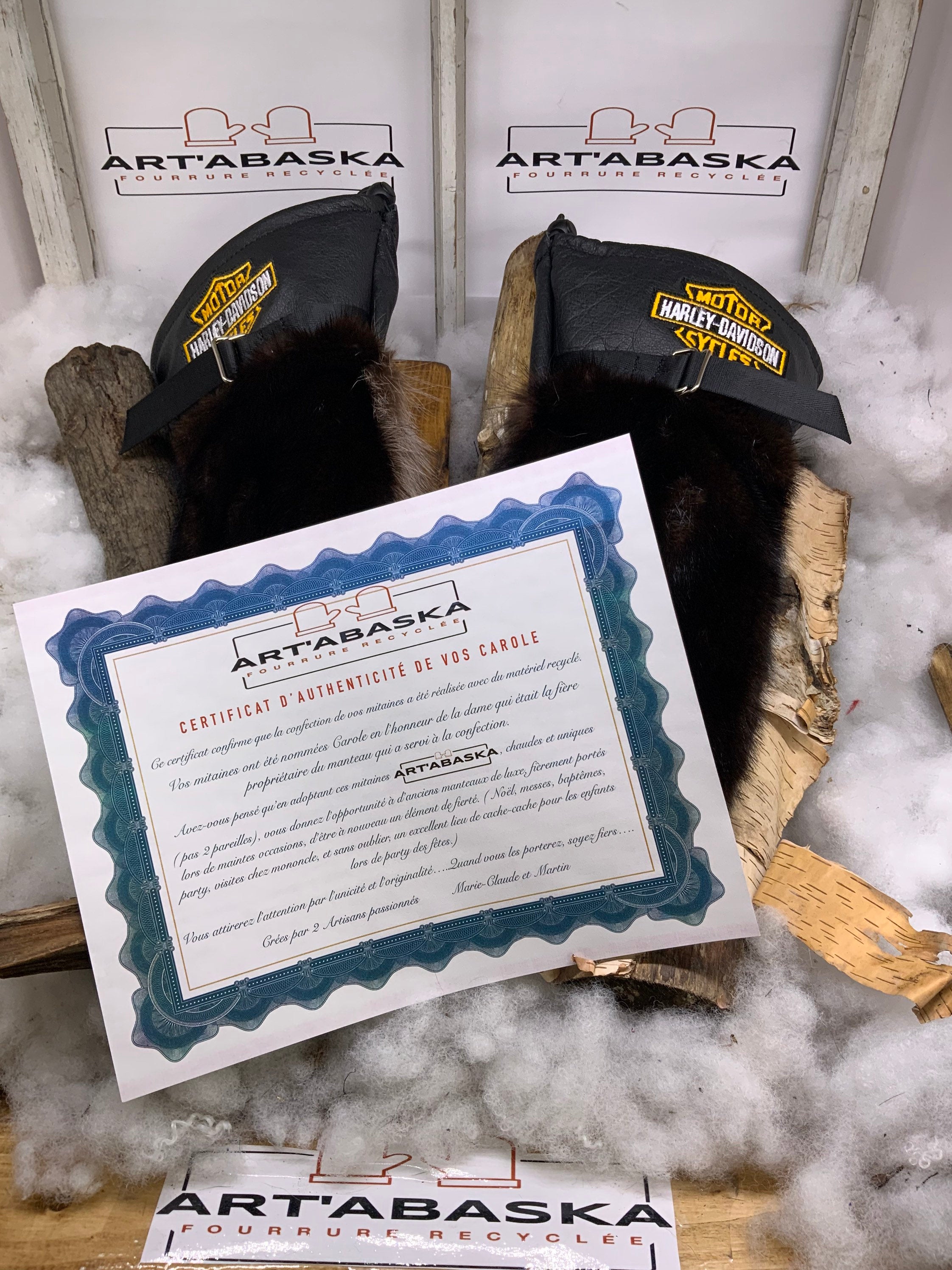 Mitaines Carole XL Harley Davidson cuir recycle vison brun raton laveur poche fonctionnelle fait a la main Quebec