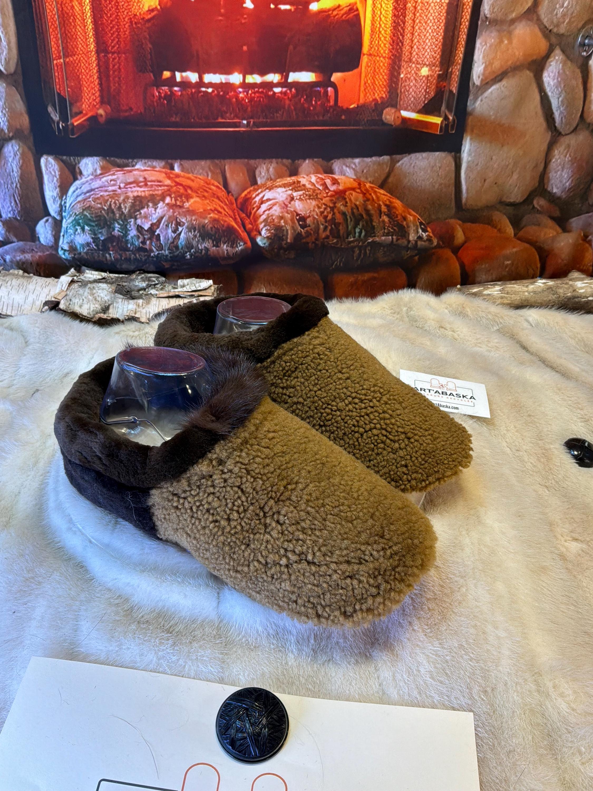 Slipper Gaétane pointure 10 femme – Sherling italien & cuir recyclé, pièce unique faite à la main au Québec