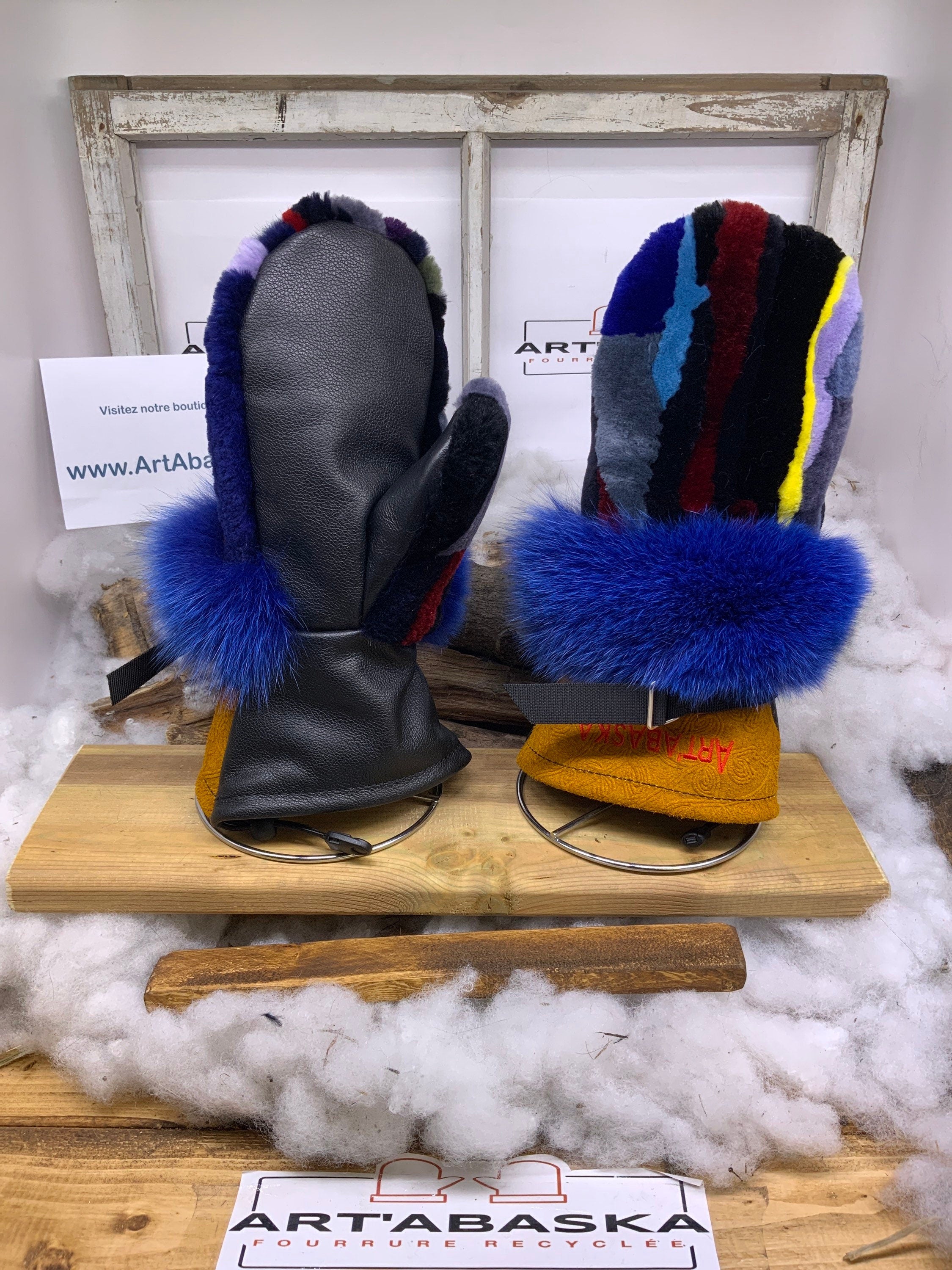 Mitaines Gilberte Medium – Édition spéciale patchwork & fourrures recyclées, pièce unique faite à la main au Québec