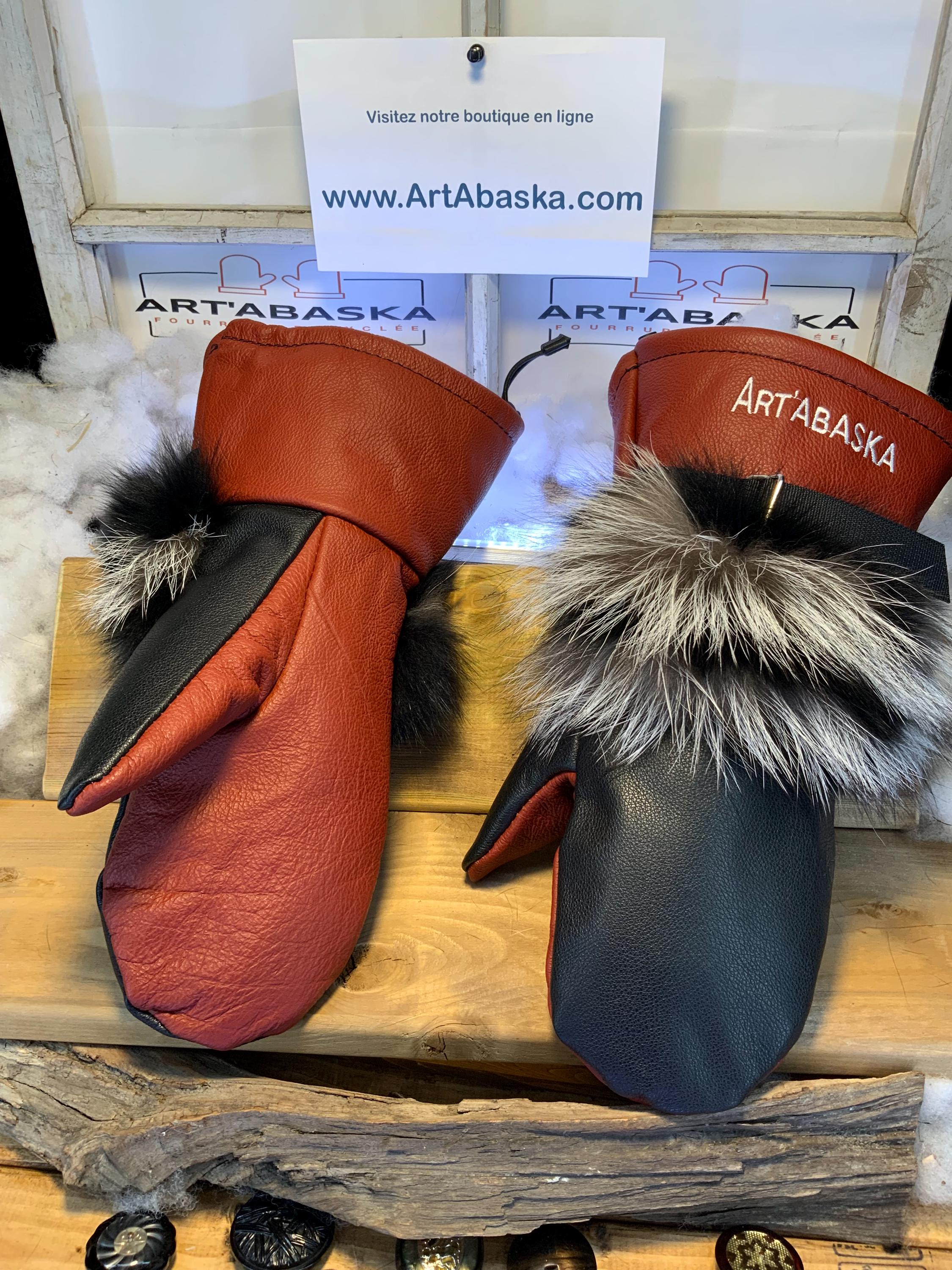 Mitaines Geneviève cuir noir et orange brûlé patchwork renard recyclé fait à la main X-Large  artisanales Québec
