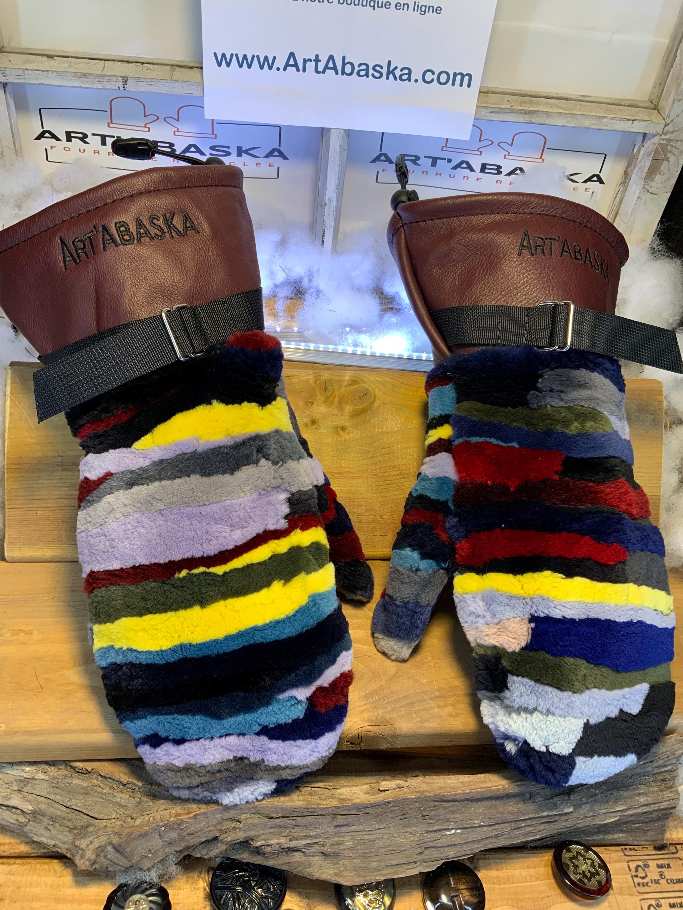 Mitaines Lynda X-Large patchwork renard recyclé multicolore cuir bourgogne italien fait à la main au Québec artisanal unique