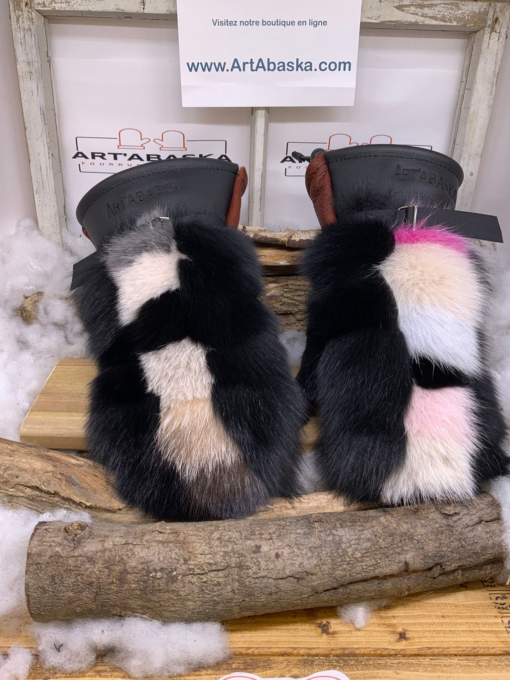 Mitaines Patricia X Large – Patchwork de renard recyclé cousu une à une cuir brun rouille et noir intérieur amovible Québec