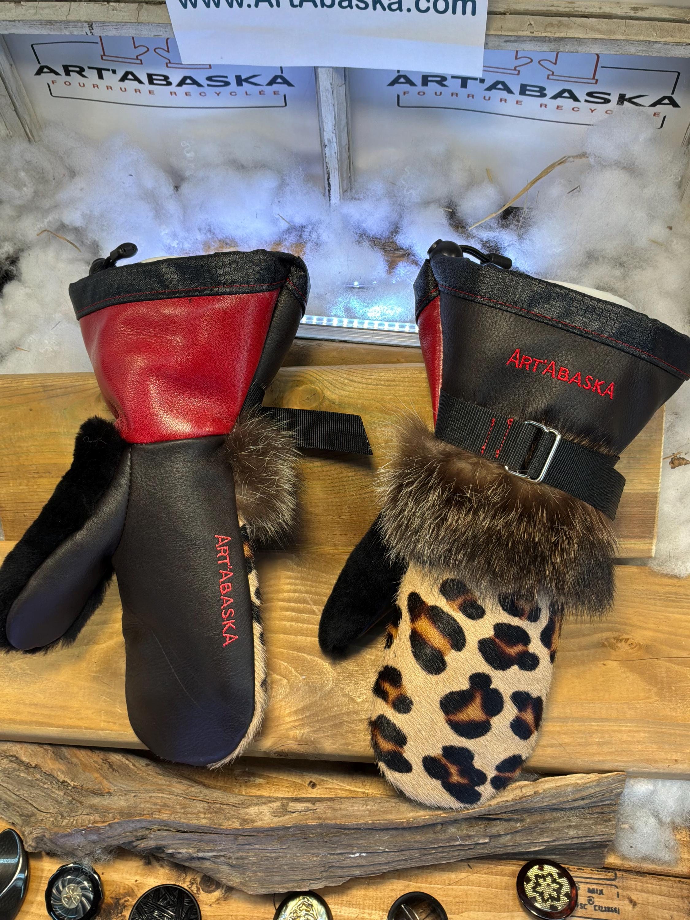 Mitaines Small Irène peau de vache recyclée léopard raton laveur cuir italien brun rouge intérieur amovible Québec fait à la main
