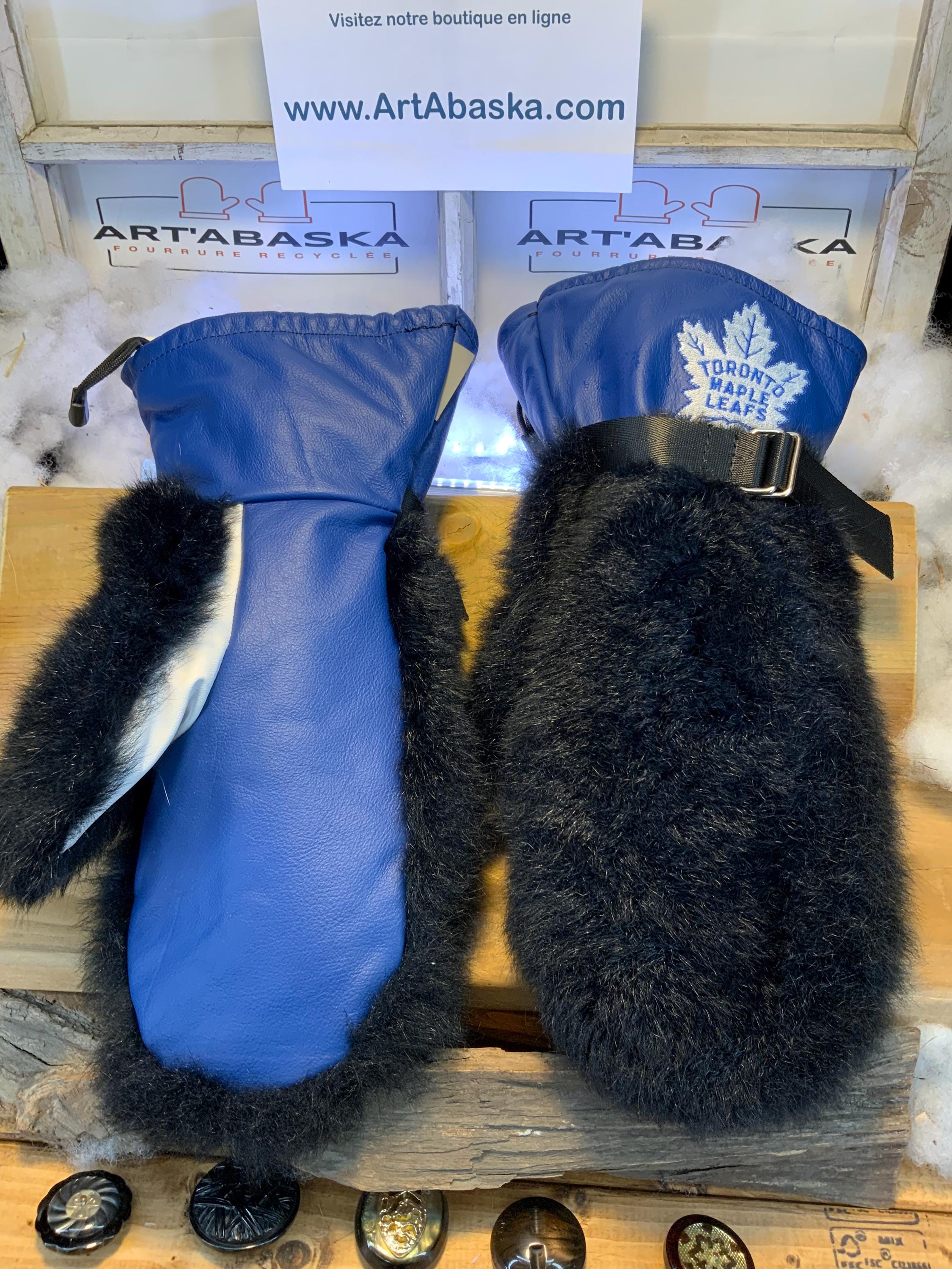 Mitaines Jeanne XL edition Toronto Maple Leafs opossum noir recycle & cuir bleu royal fait a la main Quebec