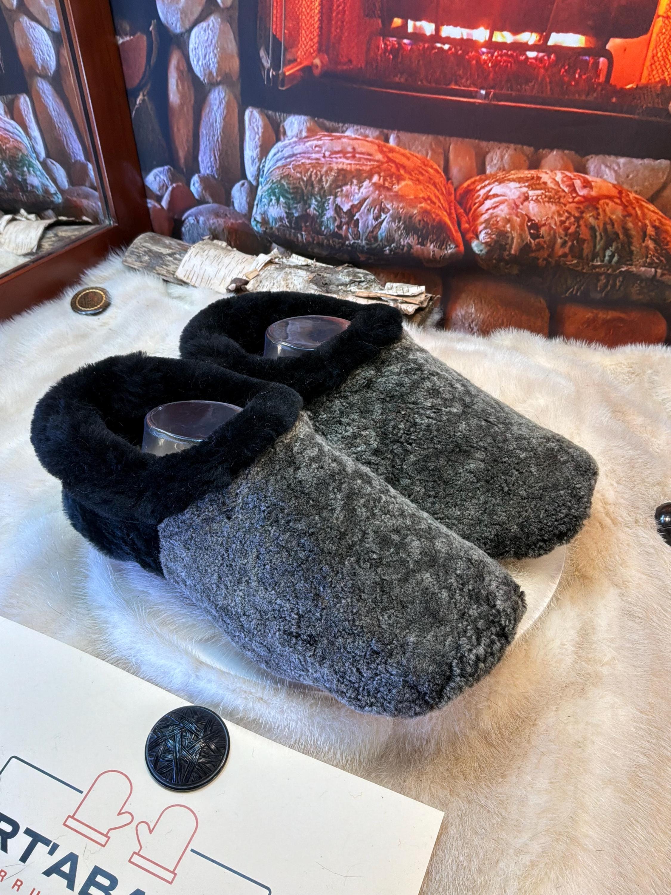 Slipper Odile pointure 9 Homme - 11 femme Sherling italien & cuir recyclé, pièce unique faite à la main au Québec