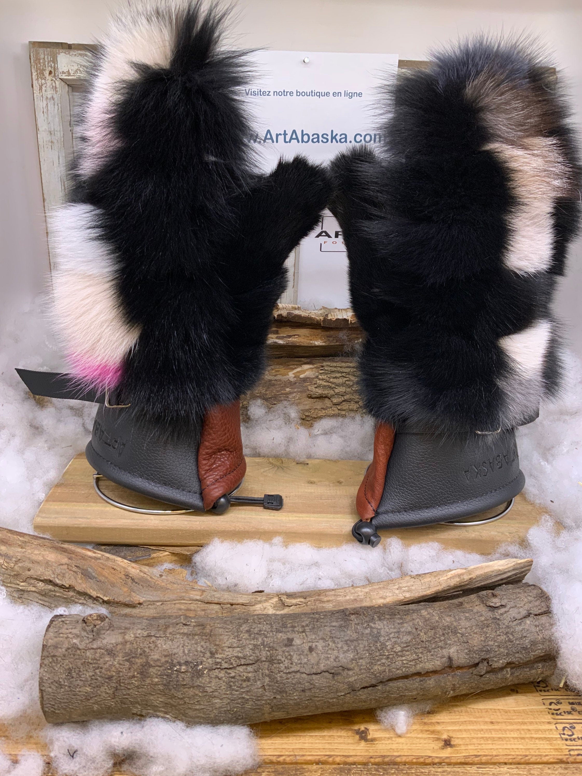 Mitaines Patricia X Large – Patchwork de renard recyclé cousu une à une cuir brun rouille et noir intérieur amovible Québec