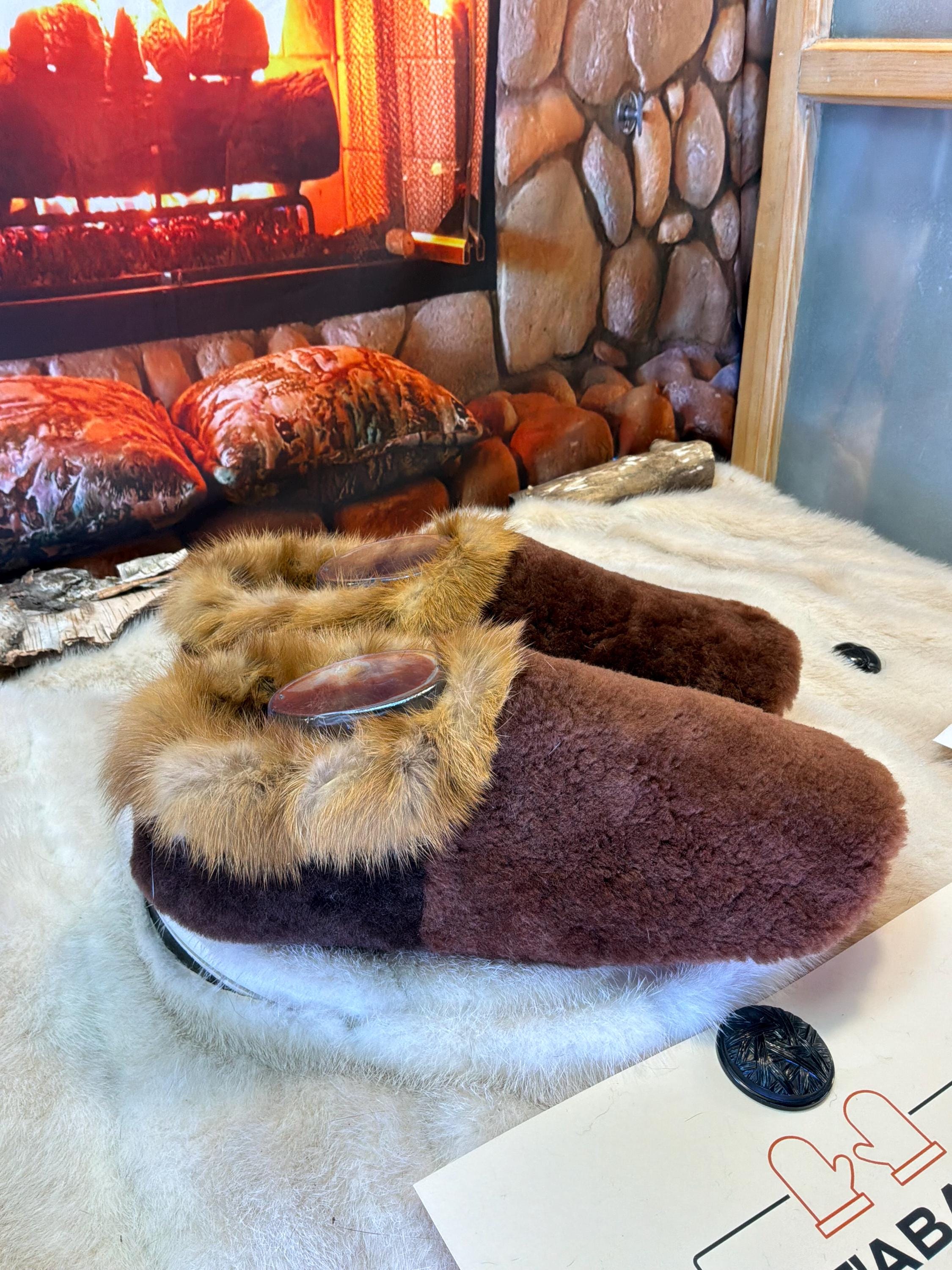 Slipper Camille pointure 10 Homme – Sherling italien & cuir recyclé, pièce unique faite à la main au Québec