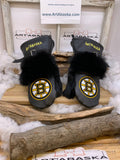 Mitaines Augustine Large – Édition Bruins de Boston cuir noir recyclé avec fourrure renard et lapin – fait main Québec