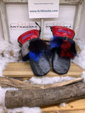 Mitaines Les Lucie – Medium, cuir noir et rouge recyclé, fourrure de renard patchwork, fait à la main au Québec