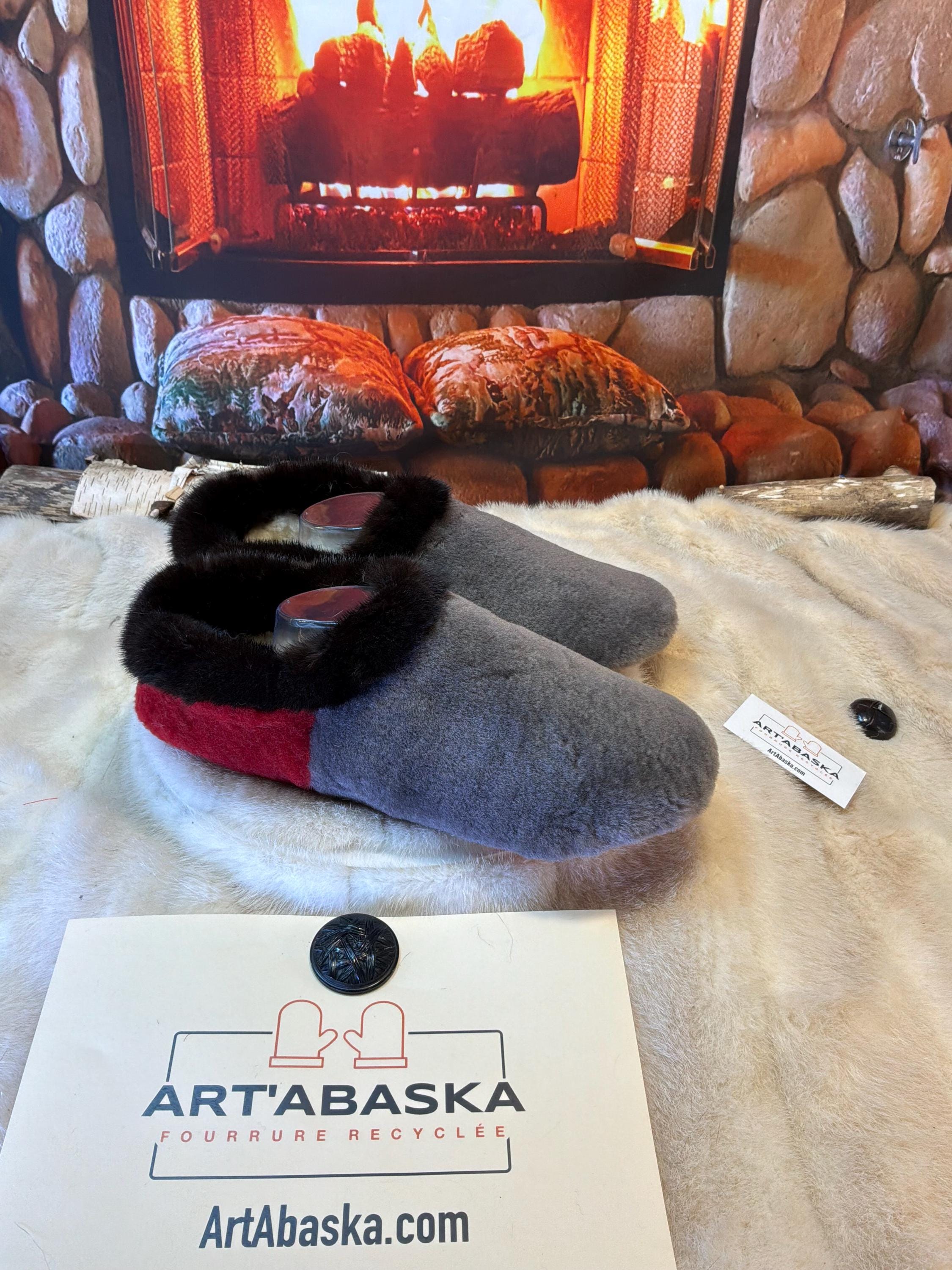Slipper Léa pointure 11 Homme – Sherling italien & cuir recyclé, pièce unique faite à la main au Québec