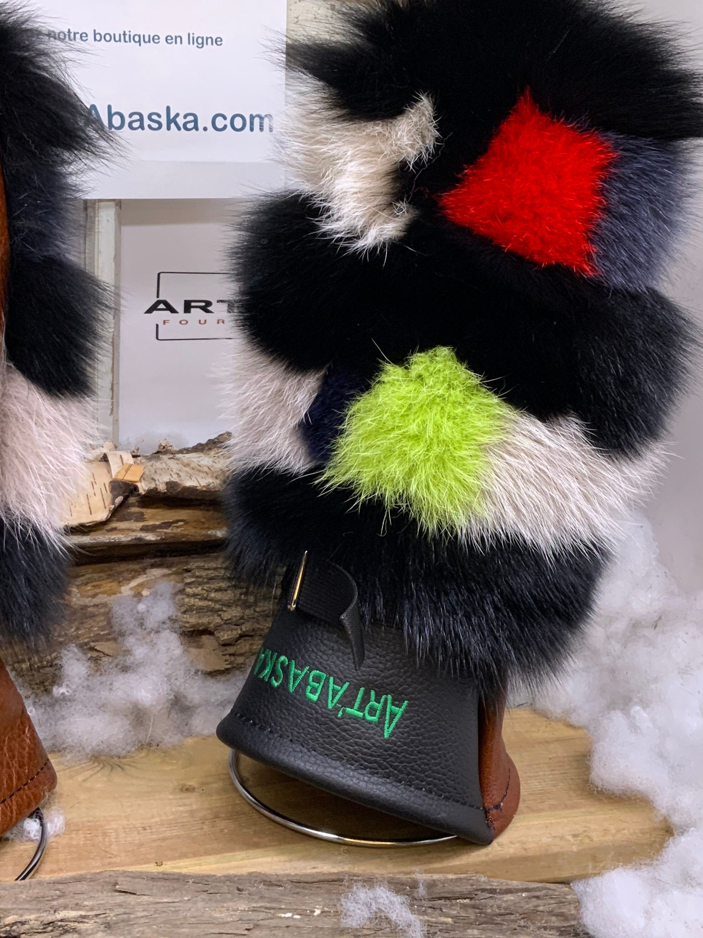 Mitaines Anette X Large – Patchwork renard recyclé, Renard coloré cuir brun-noir – Œuvre artisanale unique Québec