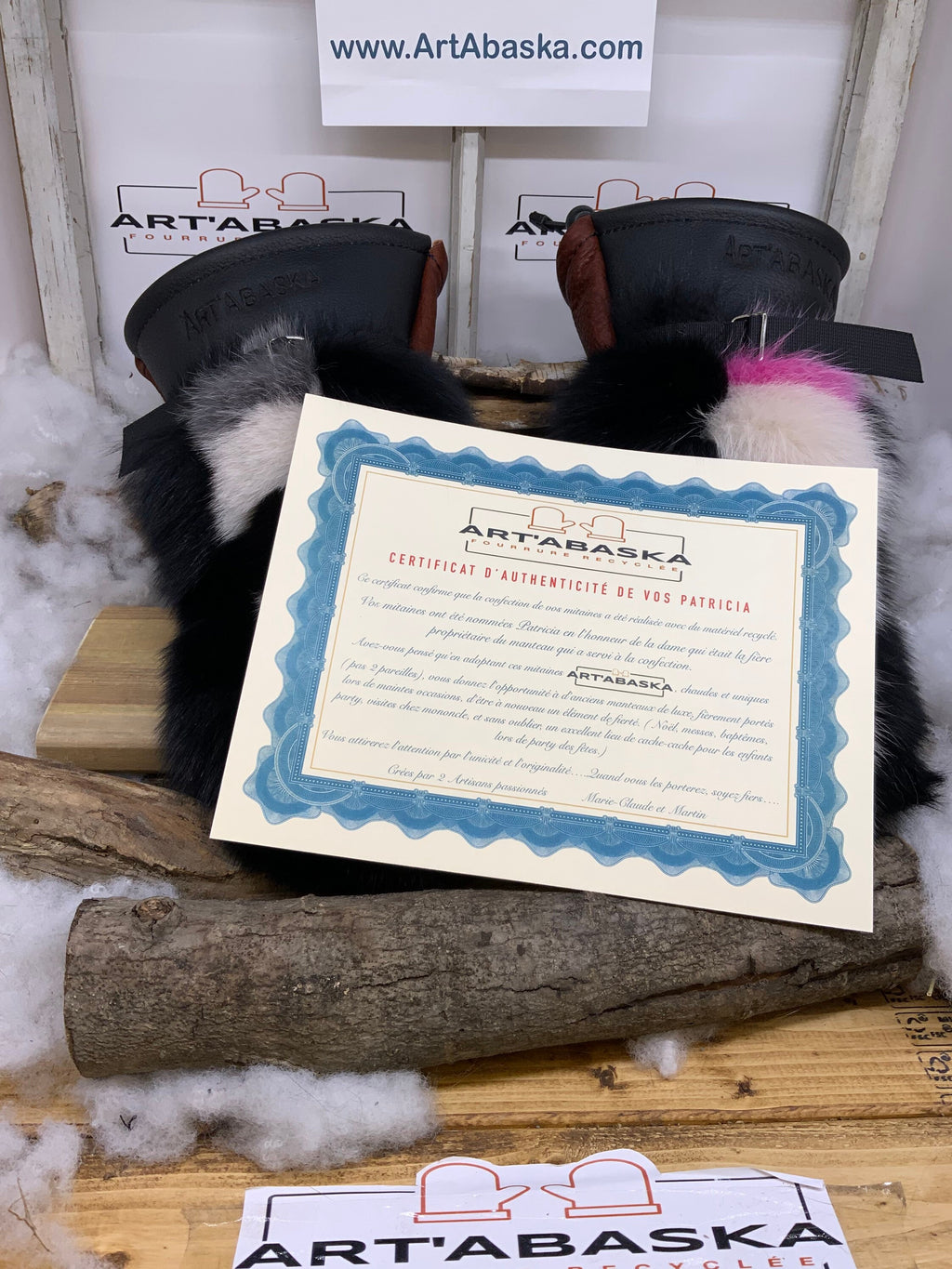 Mitaines Patricia X Large – Patchwork de renard recyclé cousu une à une cuir brun rouille et noir intérieur amovible Québec