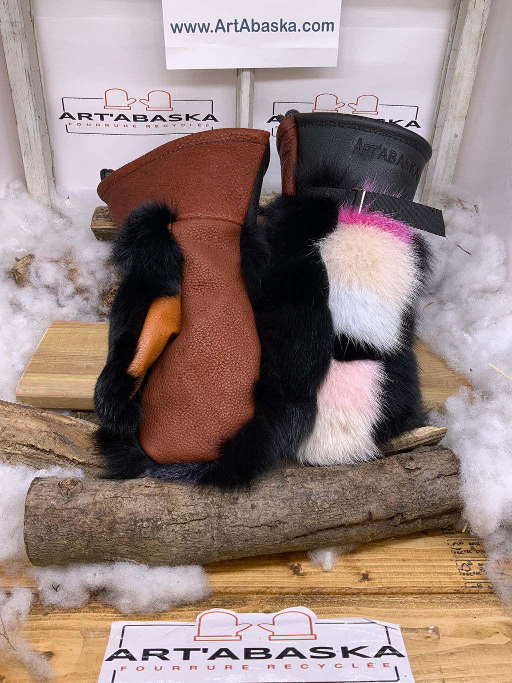 Mitaines Patricia X Large – Patchwork de renard recyclé cousu une à une cuir brun rouille et noir intérieur amovible Québec