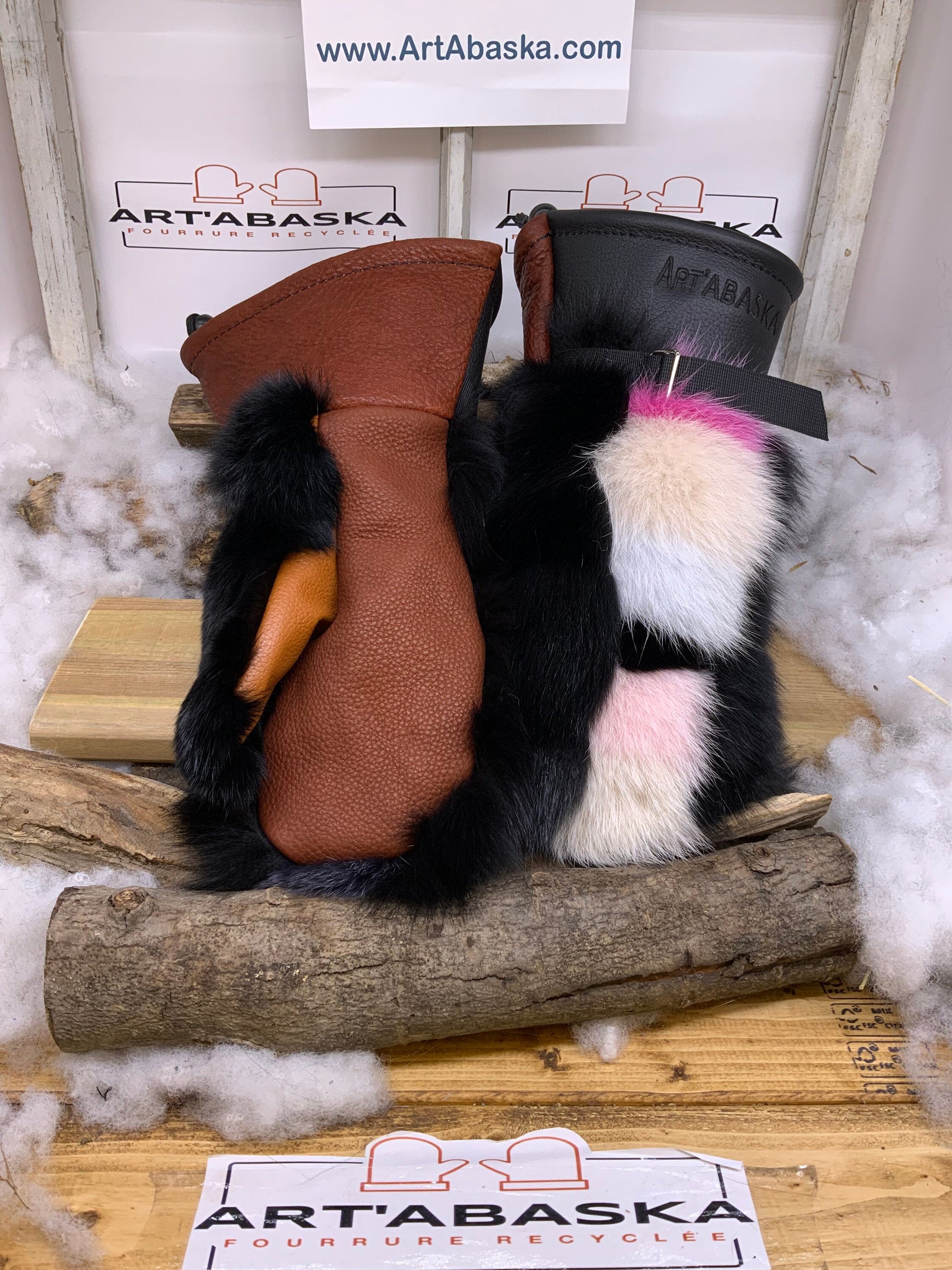 Mitaines Patricia X Large – Patchwork de renard recyclé cousu une à une cuir brun rouille et noir intérieur amovible Québec