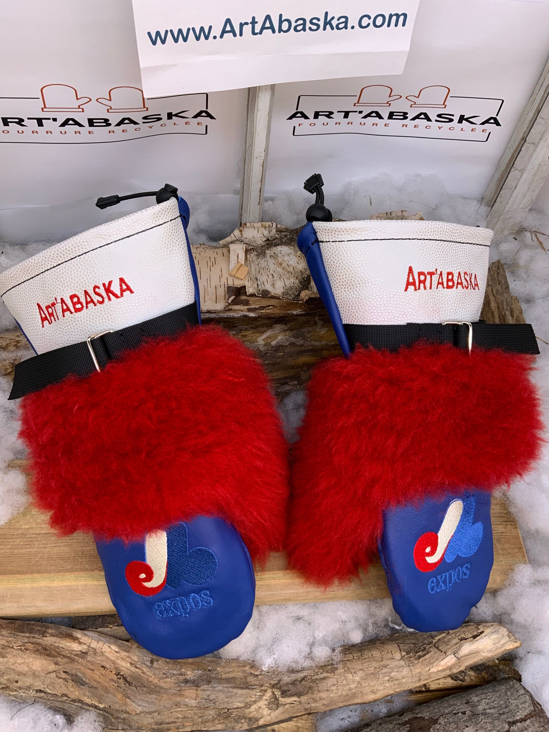 Mitaines Alice Expos de Montréal cuir bleu blanc brodé fourrure mouton recyclé fait à la main Large Québec baseball nostalgie