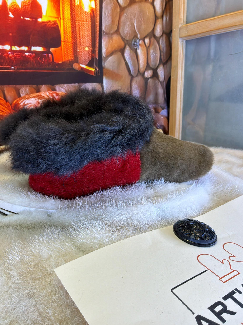 Slipper Alice pointure 8 femme – Sherling italien & cuir recyclé, pièce unique faite à la main au Québec