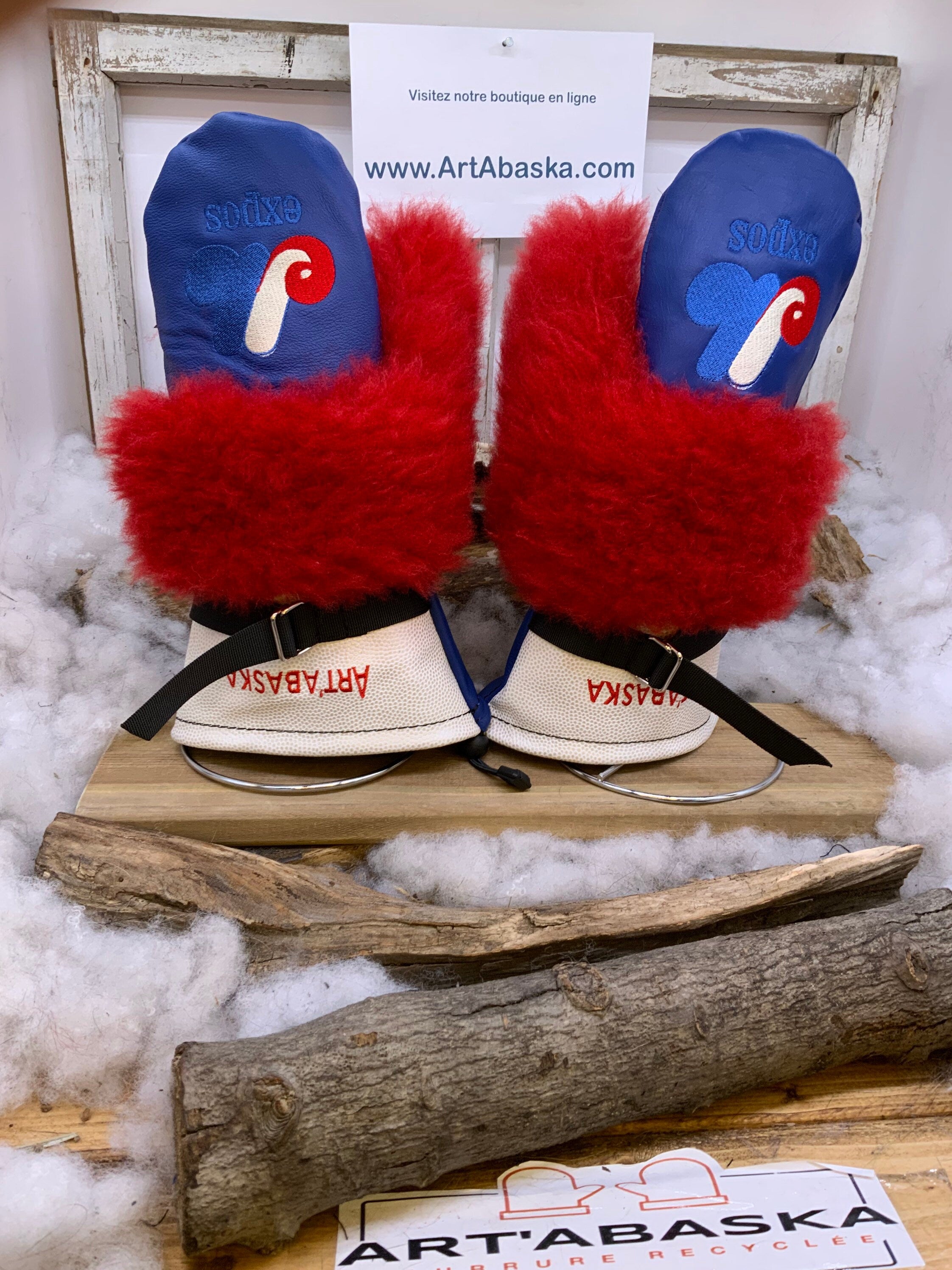 Mitaines Alice Expos de Montréal cuir bleu blanc brodé fourrure mouton recyclé fait à la main Large Québec baseball nostalgie