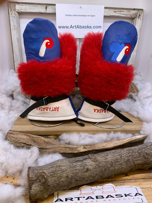 Mitaines Alice Expos de Montréal cuir bleu blanc brodé fourrure mouton recyclé fait à la main Large Québec baseball nostalgie