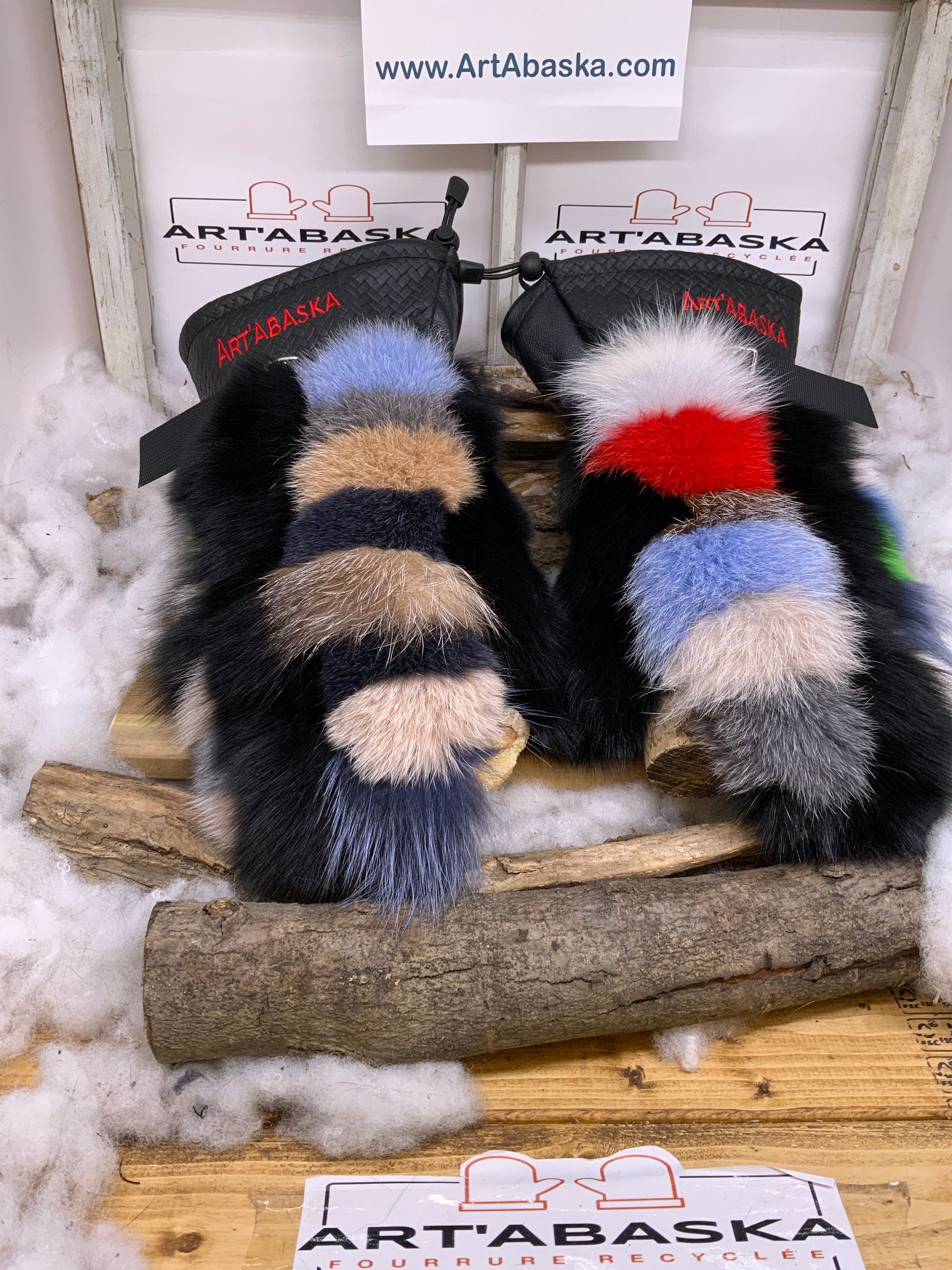 Mitaines Christiane X Large – Patchwork renard recyclé, cuir noir & rouge – Artisanat unique Québec