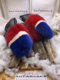 Mitaines Marie-Danielle – Medium, édition spéciale renard recyclé bleu blanc rouge, cuir noir, pièce unique faite à la main au Québec