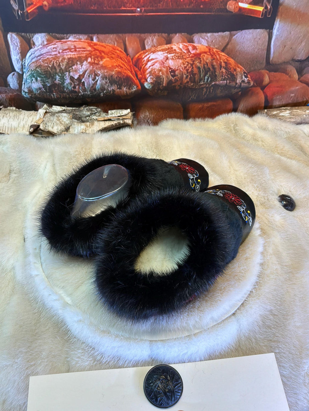 Slipper Hermine pointure 7 femme – Sherling italien & cuir recyclé, pièce unique faite à la main au Québec