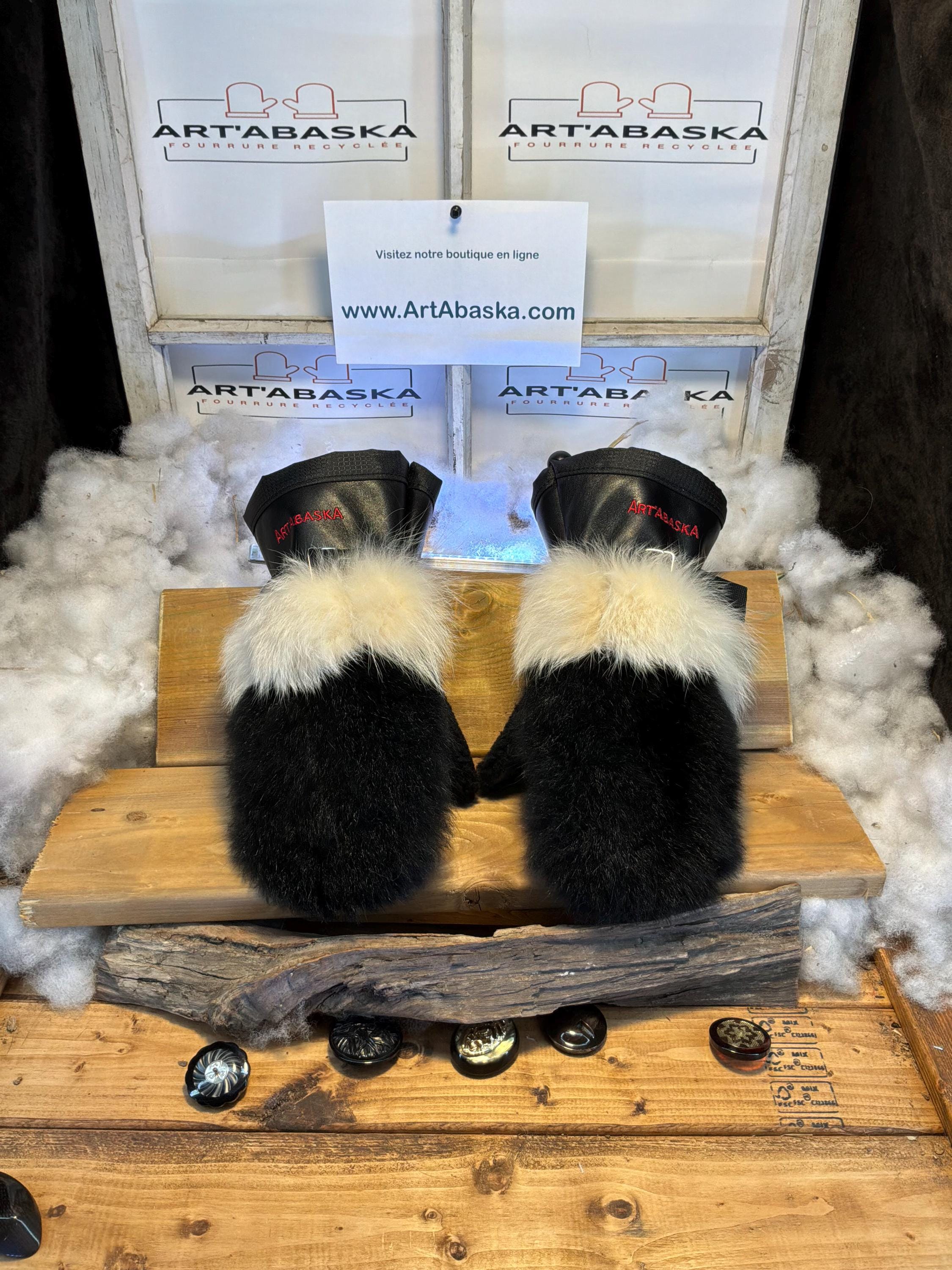 Mitaines Carole Medium cuir italien noir & opossum recyclé avec bande de renard blanc norvégien fait à la main Québec