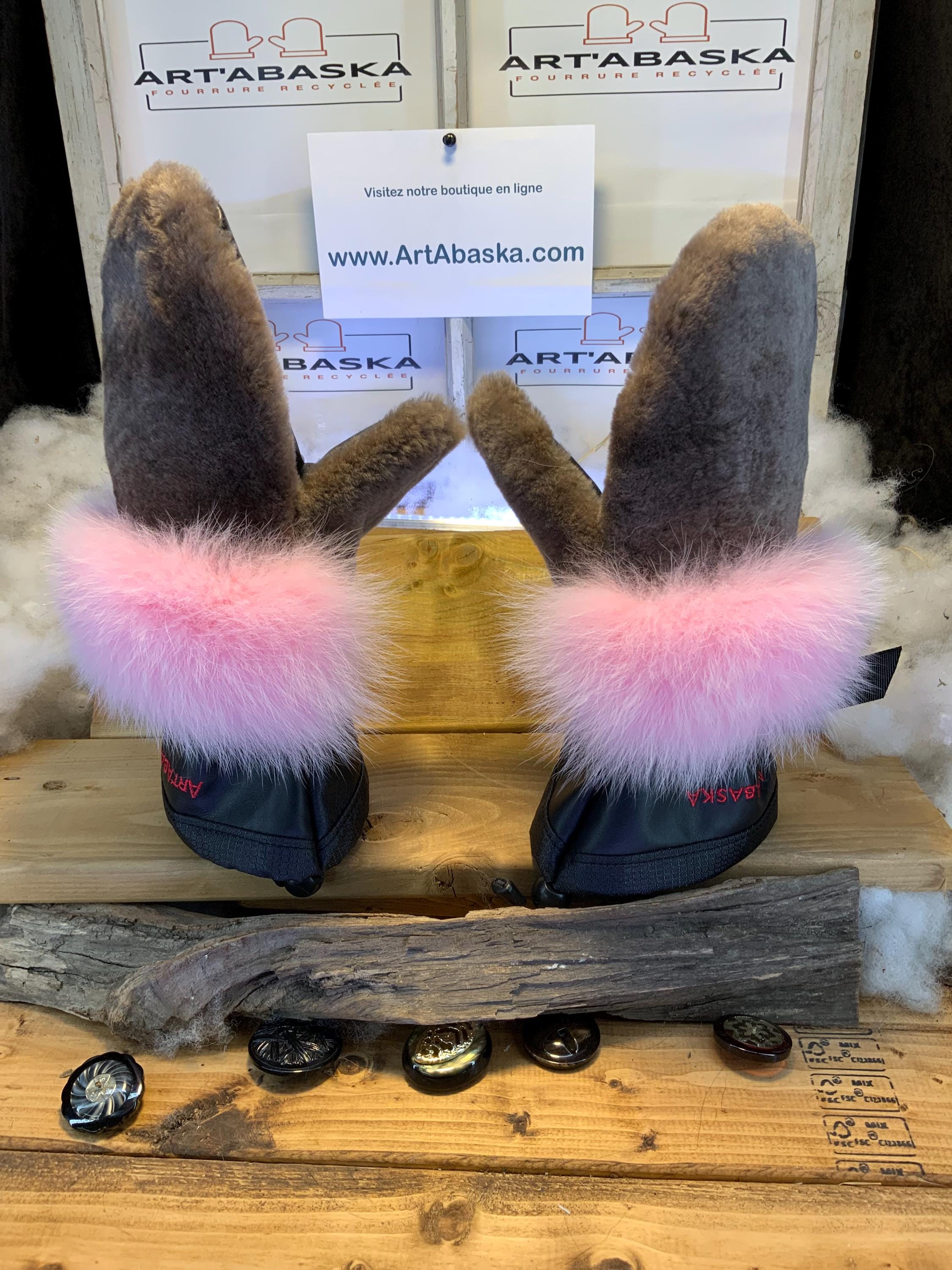 Mitaines Adrienne Medium – renard rose recyclé au poignet, mouton rasé taupe & cuir italien noir/brun, fait à la main, Québec