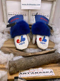 Mitaines Jeanine Expos de Montréal cuir bleu blanc rouge brodé fourrure renard mouton recyclé fait à la main Large Québec