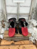 Mitaines Marie-Paule XL en fourrure recyclée renard noir et crystal, cuir rouge et noir embossé équin, fait à la main Québec