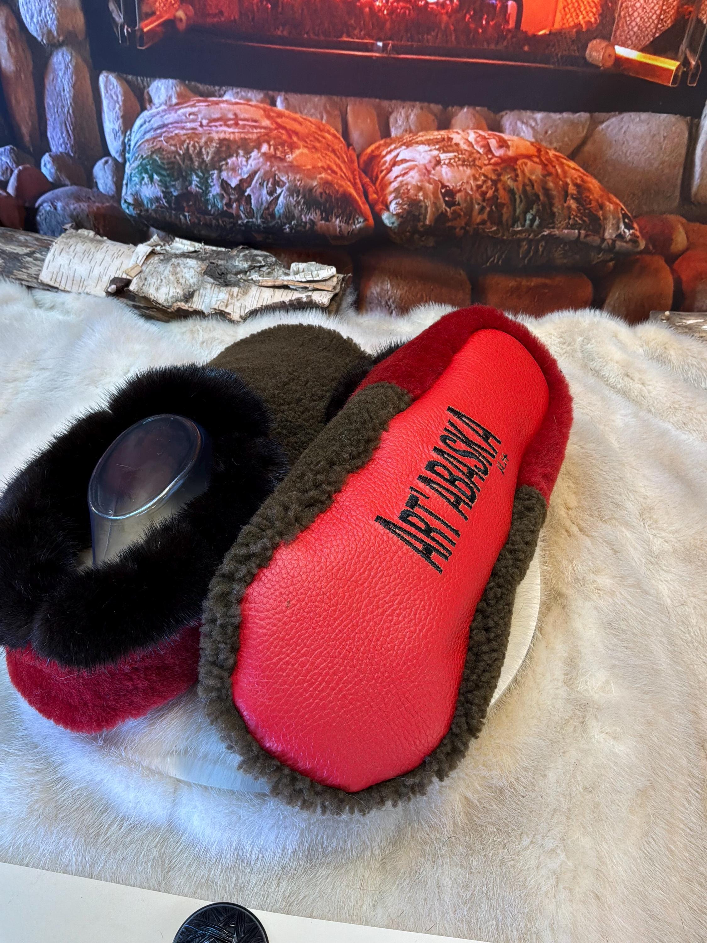 Slipper Ernestine pointure 11 Homme – Sherling italien & cuir recyclé, pièce unique faite à la main au Québec