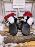 Mitaines XL Cécile – Cuir recyclé rouge et noir, renard patchwork au poignet, intérieur amovible feutre polar, fait à la main Québec
