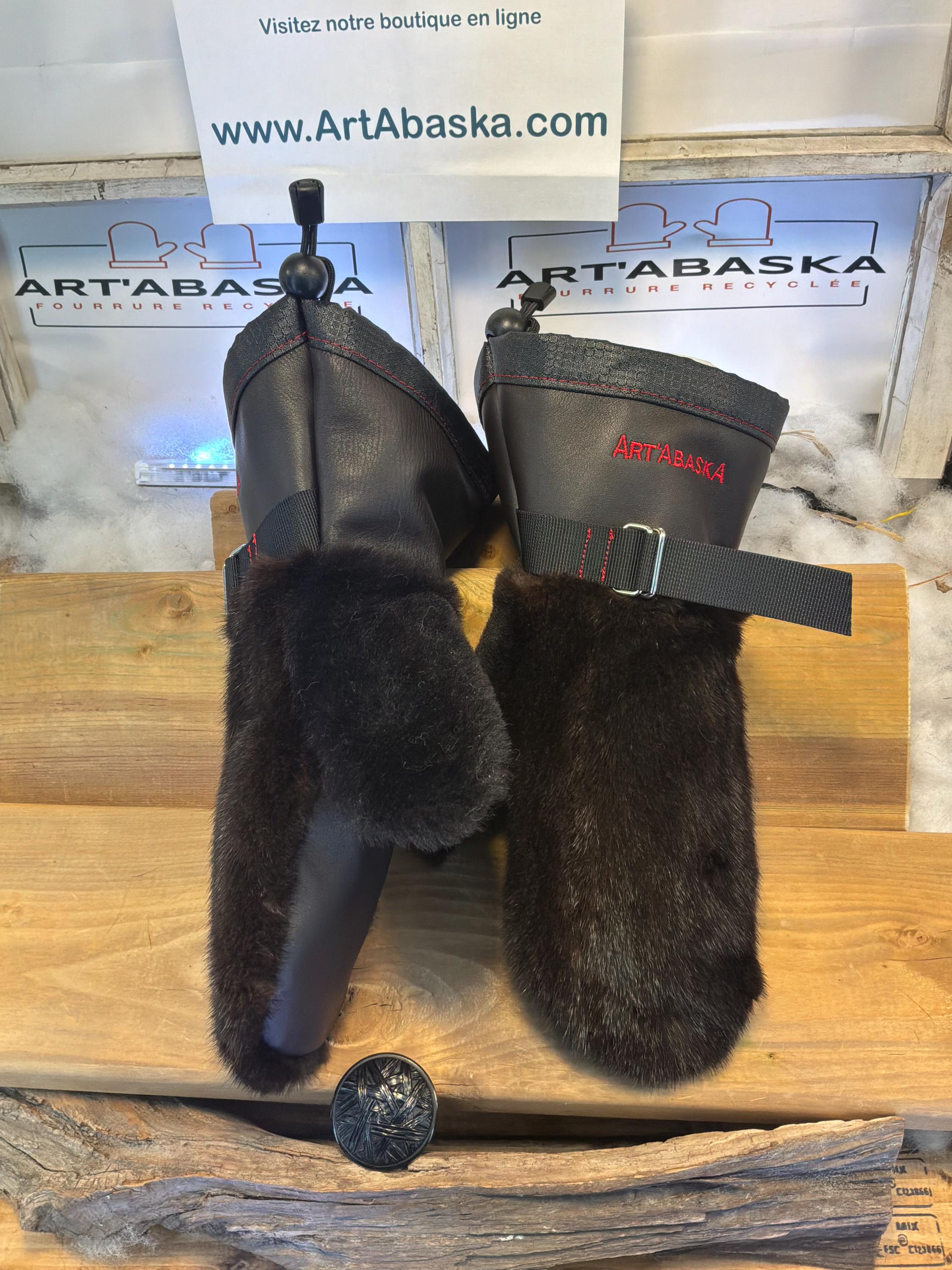 Mitaines Alice Small vison recycle brun mouton rase cuir italien noir faites a la main Quebec modèle classique intemporel