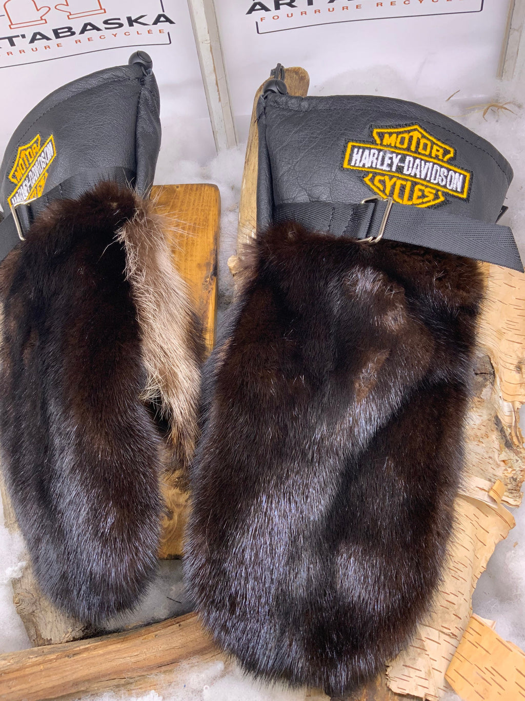 Mitaines Carole XL Harley Davidson cuir recycle vison brun raton laveur poche fonctionnelle fait a la main Quebec