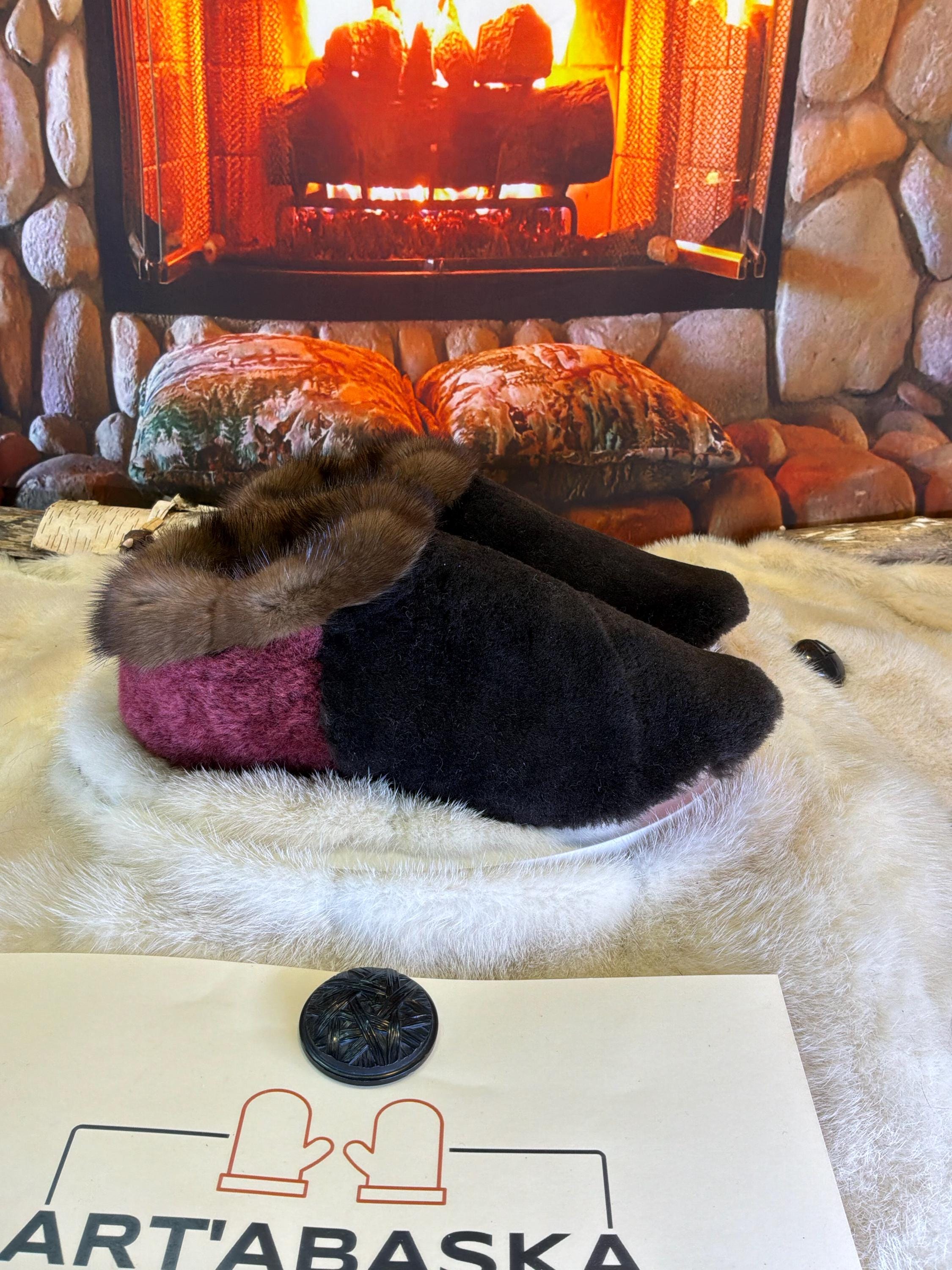 Slipper Joséphine pointure 8 femme – Sherling italien & cuir recyclé, pièce unique faite à la main au Québec