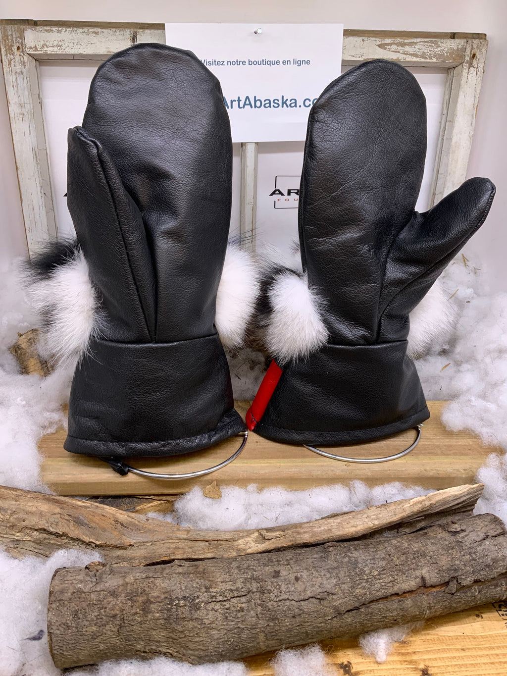 Mitaines XL Cécile – Cuir recyclé rouge et noir, renard patchwork au poignet, intérieur amovible feutre polar, fait à la main Québec