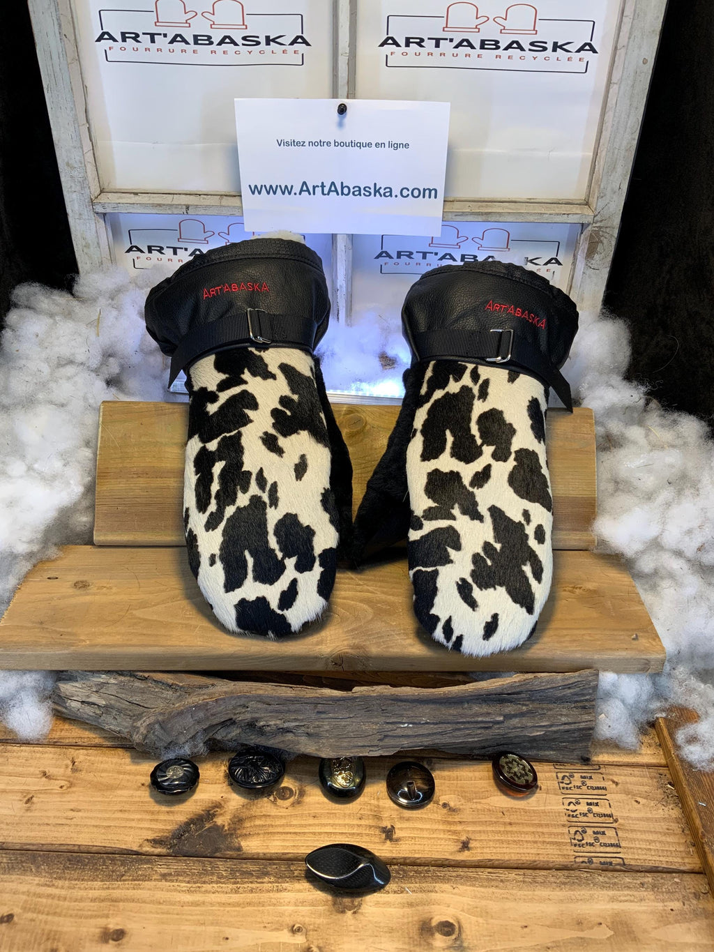 Mitaines hiver peau de vache & cuir italien noir | Mitaines fourrure recyclée mouton rasé | Fait à la main Québec | Modèle Carmen X-Large